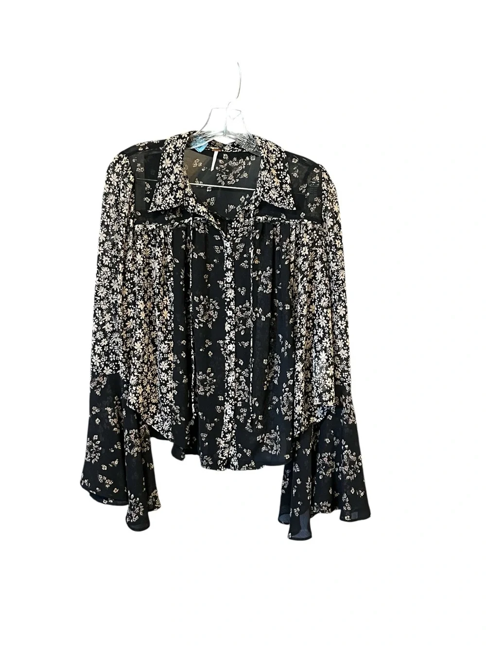 Free People Floral Sheer Blouse Bell Sleeve Black Ivory Boho Women’s M